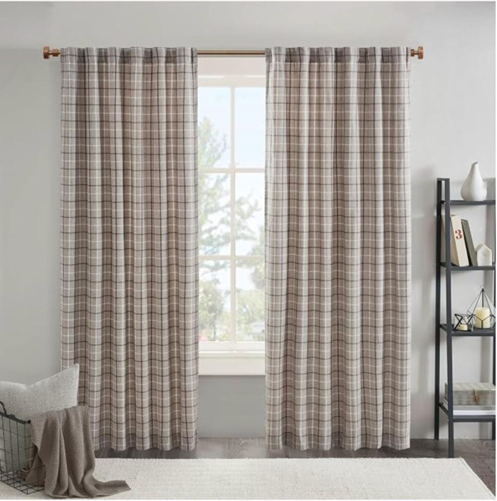 Cabin Plaid Curtain Window, Thermal Insulated Fleece Lining1 Panel, Brown